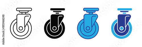 Set of four caster wheel icons in black outline, solid black, bright blue, and dark blue variations, isolated on white background isolated on white background