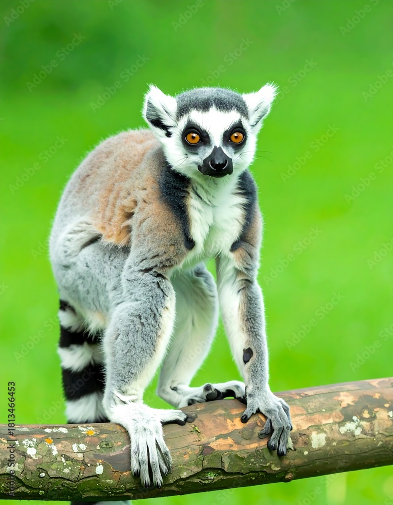 Obraz premium Ring-tailed lemur on a log, vibrant green background