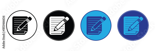 Collection of four stylized icons depicting a pencil writing on a notepad, set against circular backgrounds of white, black, light blue, and dark blue.