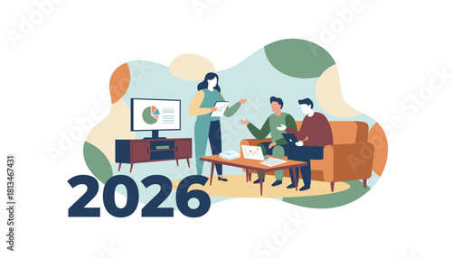 Financial planning and strategy meeting for 2026 Business team analyzing charts and reports