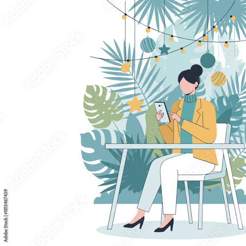 Woman sits and uses mobile phone in a stylish green indoor garden setting