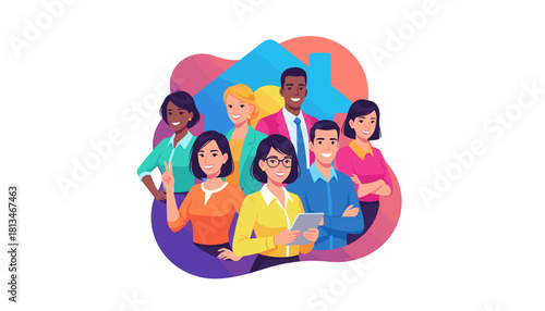 Diverse real estate team under a house symbol Confidence service and brokerage