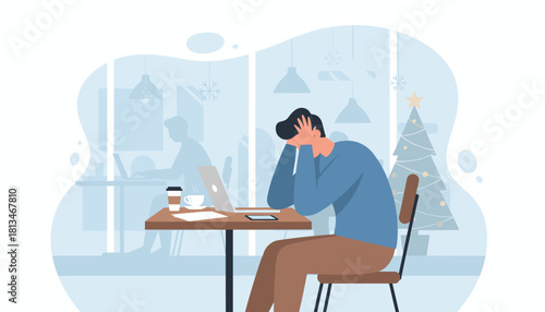 Stressed man dealing with burnout while working remotely in a winter coffee shop