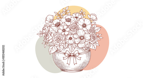 Line art sketch of a floral bouquet in a decorative vase tied with a ribbon.