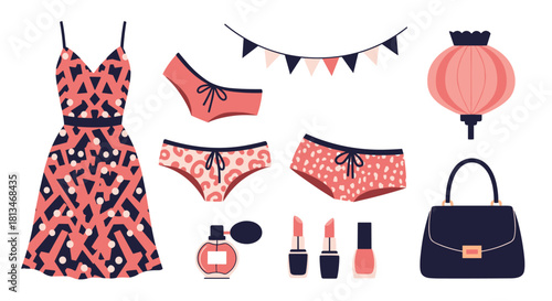 Collection of women's fashion items and accessories in coral and navy colors.