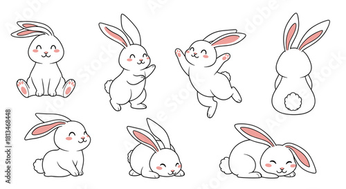 Collection of cute cartoon white rabbits in various playful poses, perfect for Easter and spring themes.