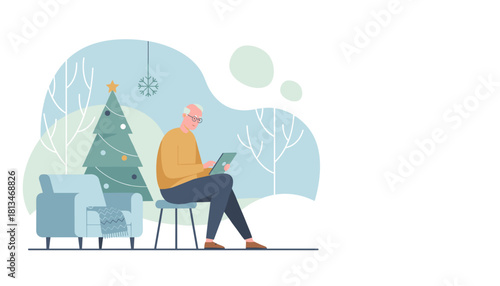 Senior man using a digital tablet by the Christmas tree enjoying holiday communication and modern retirement