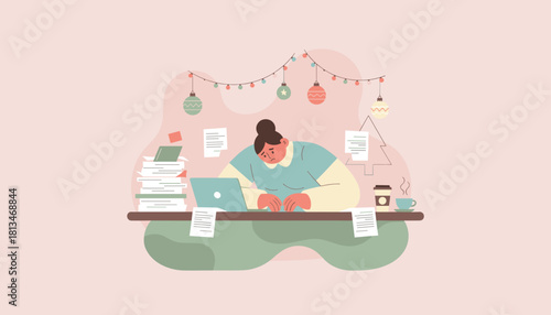 Burnout during the holidays Overworked office worker at desk with Christmas decor