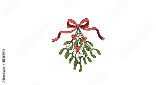 A festive sprig of mistletoe tied with a red ribbon and decorated with red and white berries.
