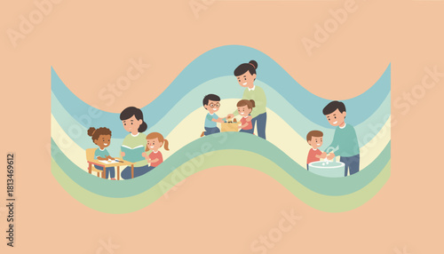 Children learning playing and practicing hygiene with supportive adults in early education