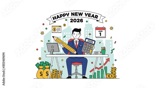 Businessman planning financial success for Happy New Year 2026 Growth goals and resolutions