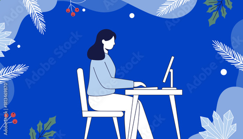 Woman working remotely on a computer during the winter holiday season Flat vector illustration