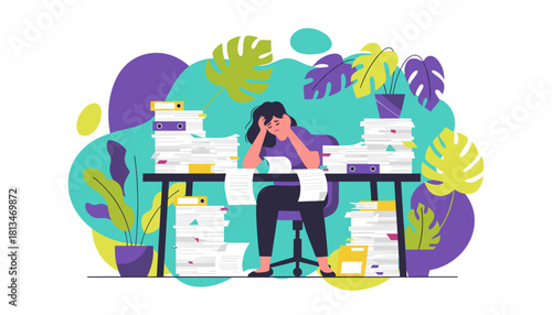 Woman stressed and overwhelmed by excessive paperwork stacks at work Business fatigue illustration