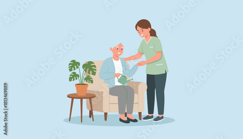 Caregiver assists happy senior woman watering her indoor plant highlighting assisted living and elder care