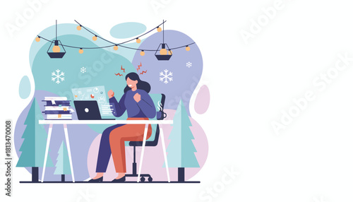 Frustrated woman working late at her desk in a winter setting facing stress and deadlines