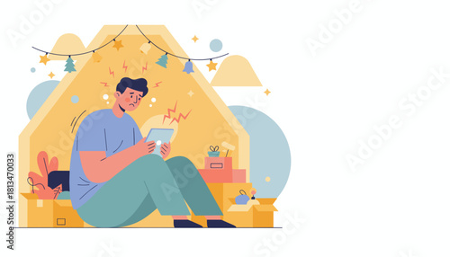 Stressed man dealing with holiday anxiety and digital frustration surrounded by festive boxes and decor