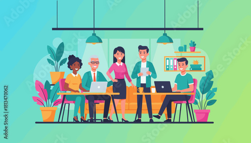 Diverse business team collaborating happily in a modern office environment