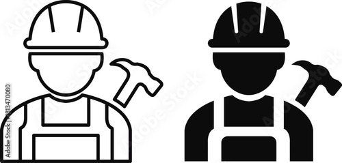 Construction worker icon set builder plumber painter welder engineer maintenance labor character vector pack, black and white and solid professional industry tool avatar symbols for service and repair