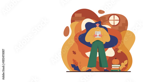 Happy woman uses a digital tablet for remote work or reading in a cozy fall setting