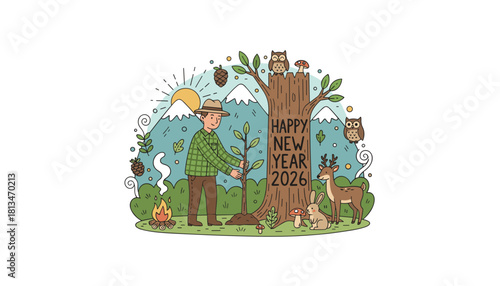 Happy New Year 2026 Forester plants tree sapling in nature illustration for future growth and ecology