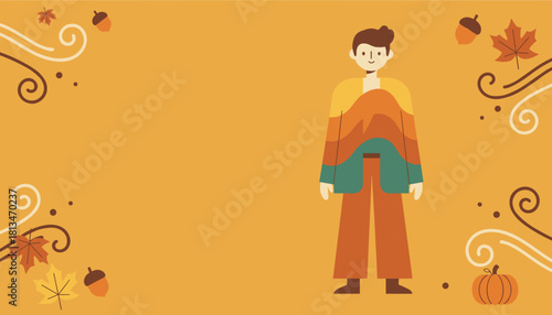 Fall season background with illustrated person leaves acorns and copy space