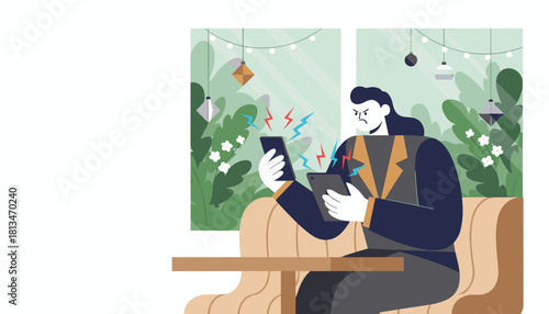 Digital overload stress Frustrated person struggles with smartphone and tablet simultaneously