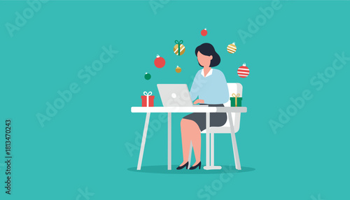 Businesswoman managing holiday tasks and online shopping at work with Christmas ornaments