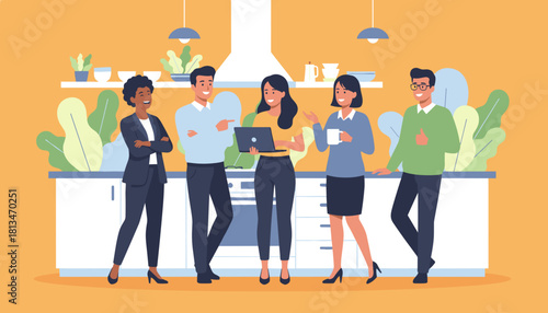 Diverse business team collaborating happily during a break in a modern office kitchen setting