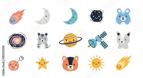 Cartoon space elements planets stars and friendly celestial bodies