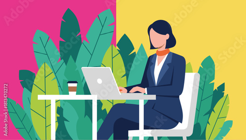 Professional woman works remotely on a laptop in a colorful modern tropical environment