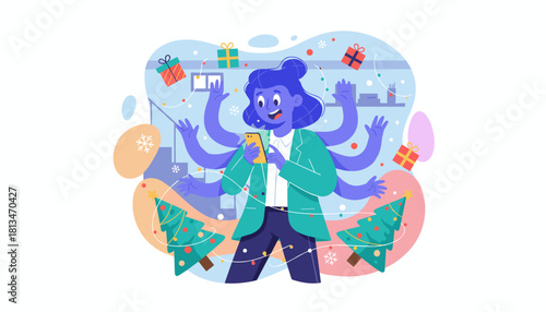 Busy person juggling work smartphone use and Christmas season planning