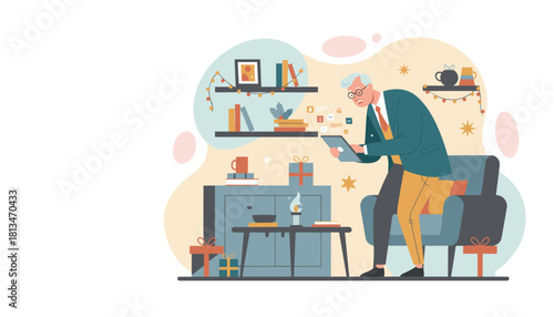 Stressed businessman reads email on a tablet at home during the festive holiday season