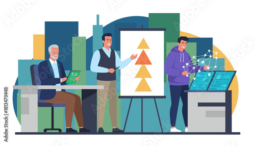 Diverse team collaborates on strategy presenting data and utilizing innovative technology