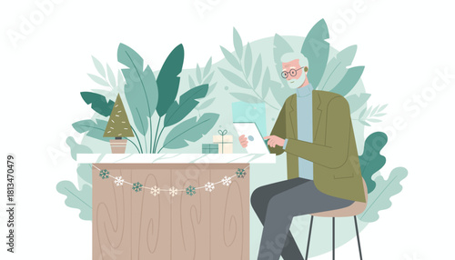 Happy senior man uses a tablet in a cozy modern plantfilled space decorated for Christmas holidays