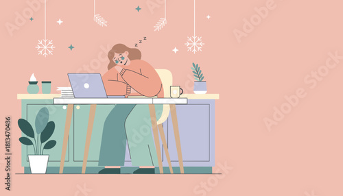 Exhausted woman sleeping on her desk next to a laptop in a cozy pastel home office setting