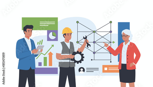 Diverse business and technical team analyzing data optimizing networks and solving industrial problems