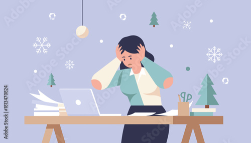 Stressed office worker overwhelmed by winter deadlines and holiday workload pressure