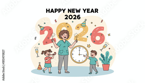 Family celebrating Happy New Year 2026 with sparklers clock and party hats Festive flat illustration