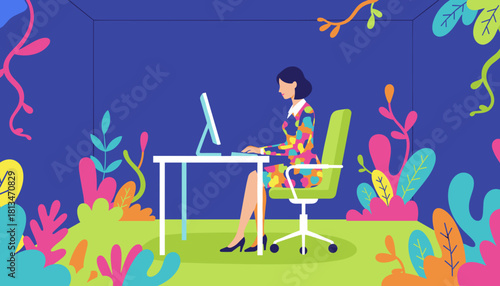 Woman works efficiently at her desk embracing colorful nature and creativity in the office