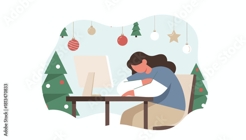 Tired employee sleeping at desk during Christmas Holiday burnout seasonal depression overwork