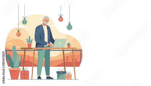 Mature man using a laptop outdoors balancing work and holidays with gifts and plants