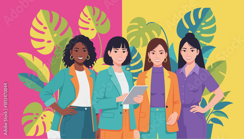 Diverse women professionals smiling together in a vibrant tropical setting Teamwork and success