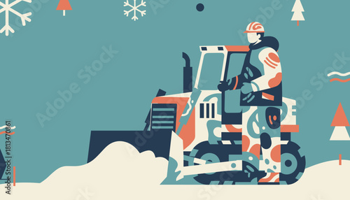 Snowplow operator clearing roads during winter Graphic illustration