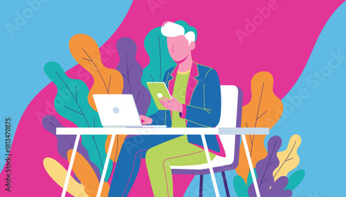 Remote worker using laptop and tablet in a bright creative naturethemed illustration