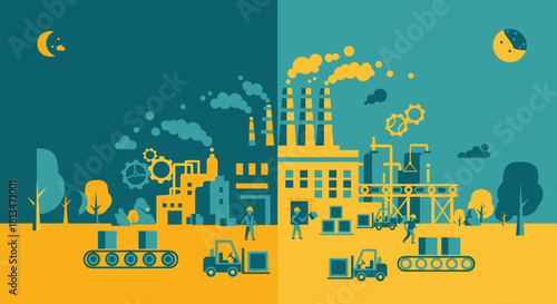 Continuous factory production day and night shifts Industry workflow graphic illustration