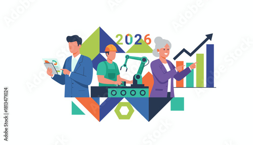 Diverse team plans 2026 business growth using industry automation and financial strategy