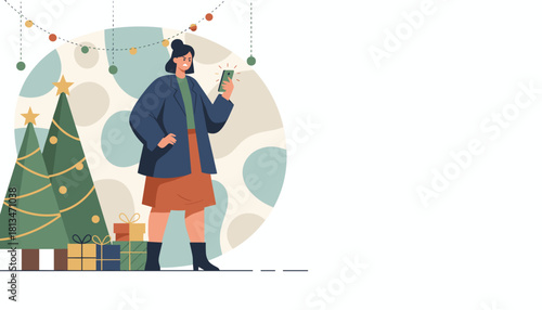 Angry woman checking smartphone near Christmas trees and gifts Holiday stress or bad news