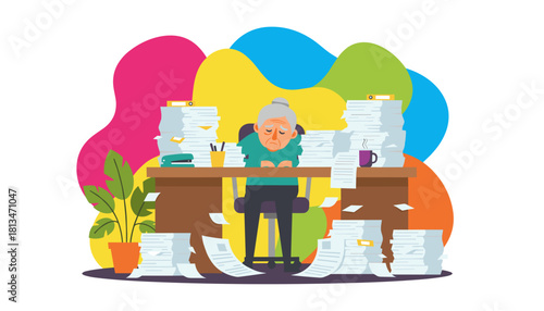 Exhausted senior employee buried under mountains of paperwork representing burnout and stress