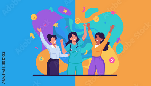 Diverse female professionals celebrating success and empowerment Achievement illustration