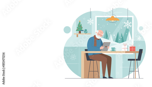 Senior man using a tablet indoors during winter holidays Cozy Christmas illustration